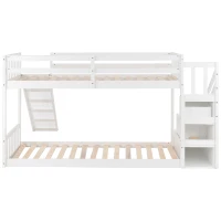 Bunk Bed with Stairs and Slide, Solid Pine Wood Frame, Kids Storage Bed with 2 Drawers, 233x223x125 cm, White(m-16)