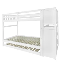 Triple Bunk Bed, Solid Pine Wood Frame with Ladder and Four Drawers, Space-Saving Design, 247x95x48.5 cm, White(m-14)