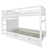 Triple Bunk Bed, Solid Pine Wood Frame with Ladder and Four Drawers, Space-Saving Design, 247x95x48.5 cm, White(m-13)