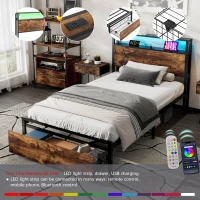 Single Metal Bed with LED Light Strip, Drawer, and USB Ports, Home and Furniture Bedroom Furniture, 207.5x90.5x105 cm, Black + Dark Walnut(m-6)