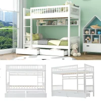 Bunk Bed for Kids, Solid Pine Wood Frame with Under Bed Drawer Storage and Shelves, Ideal for Kids Storage, 198x99.5x152 cm, White(m-5)
