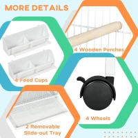 PawHut Budgie Cage with Rolling Stand, Perches, Wheels, Large Parrot Cage for Finch, Canary, Budgie, Cockatiel, White(m-4)