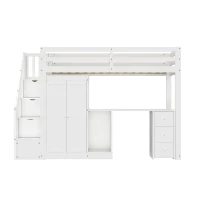 Bunk Bed with Wardrobe, Desk, Stairway Storage, Safety Rails, Pinewood Frame, Ideal Kids Storage and Bedroom Furniture, 230x94x160 cm, White(m-2)