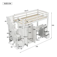 Bunk Bed with Wardrobe, Desk, Stairway Storage, Safety Rails, Pinewood Frame, Ideal Kids Storage and Bedroom Furniture, 230x94x160 cm, White(m-3)