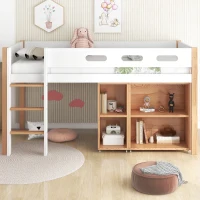 Loft Bed Children Single Sofa Bed Mid Sleeper with Movable Cabinet and Storage, 3FT Bed 200x101x100 cm, White(m-4)