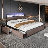 Metal Double Bed with LED Light Strip, 4 Drawers, and 3 USB Ports, , Ideal for Home and Bedroom Furniture, 207x135.5x105 cm, Gray(m-10)