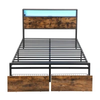 Metal Double Bed with LED Light Strip, 4 Drawers, and 3 USB Ports, Ideal for Home and Bedroom Furniture, 207.5x135x105 cm, Black + Dark Walnut(m-16)