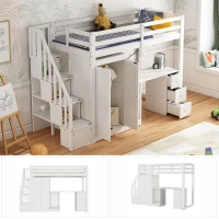 Bunk Bed with Wardrobe, Desk, Stairway Storage, Safety Rails, Pinewood Frame, Ideal Kids Storage and Bedroom Furniture, 230x94x160 cm, White(m-5)