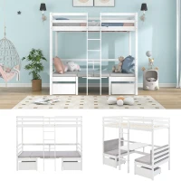 Functional Loft Bunk Bed with Desk and Storage, Twin Bedframe with Drawers and Cushions, Space-Saving Design, 196x101x168 cm, White(m-5)