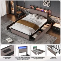 Metal Single Bed with LED Light Strip, 4 Drawers, and 3 USB Ports, Ideal for Home and Bedroom Furniture, 207x90.5x105 cm, Grey(m-4)