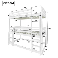 Triple Bunk Bed with Ladder, Solid Pine Wood Frame, Space-Saving Design, 195x96.5x191.5 cm, White(m-3)