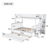 Bunk Bed with Stairs and Trundle, Solid Pine Wood Frame, Converts to Two Single Beds, Ideal for Guest Rooms and Kids' Storage, 213.3x108x159 cm, White(m-3)