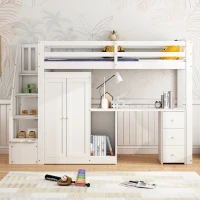 Bunk Bed with Wardrobe, Desk, Stairway Storage, Safety Rails, Pinewood Frame, Ideal Kids Storage and Bedroom Furniture, 230x94x160 cm, White(m-7)