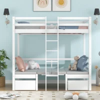 Functional Loft Bunk Bed with Desk and Storage, Twin Bedframe with Drawers and Cushions, Space-Saving Design, 196x101x168 cm, White(m-1)