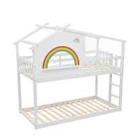 Children's Bunk Bed Frame with Ladder, House Bed, Space-Saving Design, Ideal for Kids' Room Storage, 200.5x98.5x189.5 cm, White(m-11)