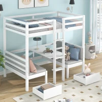 Functional Loft Bunk Bed with Desk and Storage, Twin Bedframe with Drawers and Cushions, Space-Saving Design, 196x101x168 cm, White(m-7)