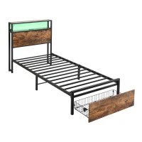 Single Metal Bed with LED Light Strip, Drawer, and USB Ports, Home and Furniture Bedroom Furniture, 207.5x90.5x105 cm, Black + Dark Walnut(m-17)