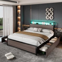 Metal Double Bed with LED Light Strip, 4 Drawers, and 3 USB Ports, , Ideal for Home and Bedroom Furniture, 207x135.5x105 cm, Gray(m-1)