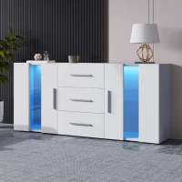 Credenza Moderna con LED Multicolore, 3 Cassetti e 2 Armadietti, Ampio Spazio, per Soggiorno e Cucina, 140x35x70 cm, Bianco(m-5)