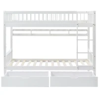 Bunk Bed for Kids, Solid Pine Wood Frame with Under Bed Drawer Storage and Shelves, Ideal for Kids Storage, 198x99.5x152 cm, White(m-13)