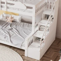 Children's Bunk Bed with Stairs and Trundle, Solid Pine Wood, Cloud Design, Multiple Storage Compartments, Kids Storage Solution, 234x140x139 cm, White(m-10)