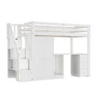 Bunk Bed with Wardrobe, Desk, Stairway Storage, Safety Rails, Pinewood Frame, Ideal Kids Storage and Bedroom Furniture, 230x94x160 cm, White(m-13)