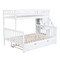 Bunk Bed with Stairs and Trundle, Solid Pine Wood Frame, Converts to Two Single Beds, Ideal for Guest Rooms and Kids' Storage, 213.3x108x159 cm, White(m-2)