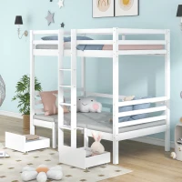 Functional Loft Bunk Bed with Desk and Storage, Twin Bedframe with Drawers and Cushions, Space-Saving Design, 196x101x168 cm, White(m-6)