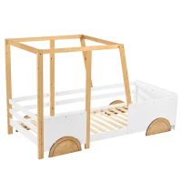 Children's Jeep Bed with MDF Wheels and Pine Frame, Kids SUV Ride On Car Style, 197x95x124 cm, White(m-13)