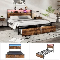 Metal Double Bed with LED Light Strip, 4 Drawers, and 3 USB Ports, Ideal for Home and Bedroom Furniture, 207.5x135x105 cm, Black + Dark Walnut(m-6)