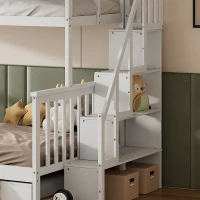 Bunk Bed with Stairs and Trundle, Solid Pine Wood Frame, Converts to Two Single Beds, Ideal for Guest Rooms and Kids' Storage, 213.3x108x159 cm, White(m-7)