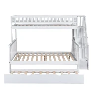 Bunk Bed with Stairs and Trundle, Solid Pine Wood Frame, Converts to Two Single Beds, Ideal for Guest Rooms and Kids' Storage, 213.3x108x159 cm, White(m-11)