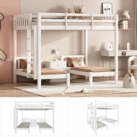 Triple Bunk Beds with Side Ladder, Safety Rails, Pine Frame, 205x146.5x165 cm, White(m-5)