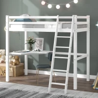 Single 3FT Loft Bed Frame with Desk, High Sleeper Bunk Bed for Children, Solid Pine Wood, 198x97x172 cm, White(m-1)