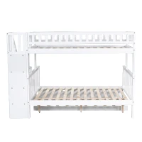 Bunk Bed with Stairs and Trundle, Solid Pine Wood Frame, Converts to Two Single Beds, Ideal for Guest Rooms and Kids' Storage, 213.3x108x159 cm, White(m-13)
