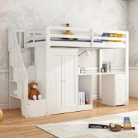 Bunk Bed with Wardrobe, Desk, Stairway Storage, Safety Rails, Pinewood Frame, Ideal Kids Storage and Bedroom Furniture, 230x94x160 cm, White(m-1)