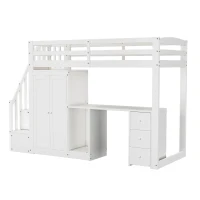 Bunk Bed with Wardrobe, Desk, Stairway Storage, Safety Rails, Pinewood Frame, Ideal Kids Storage and Bedroom Furniture, 230x94x160 cm, White(m-15)