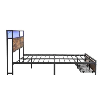 Metal Double Bed with LED Light Strip, 4 Drawers, and 3 USB Ports, Ideal for Home and Bedroom Furniture, 207.5x135x105 cm, Black + Dark Walnut(m-17)