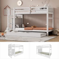 Triple Bunk Bed, Solid Pine Wood Frame with Ladder and Four Drawers, Space-Saving Design, 247x95x48.5 cm, White(m-5)