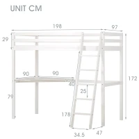 Single 3FT Loft Bed Frame with Desk, High Sleeper Bunk Bed for Children, Solid Pine Wood, 198x97x172 cm, White(m-3)