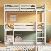 Triple Bunk Bed with Ladder, Solid Pine Wood Frame, Space-Saving Design, 195x96.5x191.5 cm, White(m-1)