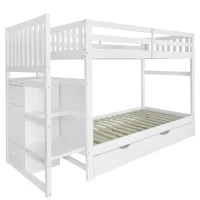 Triple Bunk Bed, Solid Pine Wood Frame with Ladder and Four Drawers, Space-Saving Design, 247x95x48.5 cm, White(m-2)
