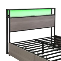 Metal Double Bed with LED Light Strip, 4 Drawers, and 3 USB Ports, , Ideal for Home and Bedroom Furniture, 207x135.5x105 cm, Gray(m-13)