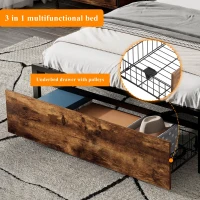 Single Metal Bed with LED Light Strip, Drawer, and USB Ports, Home and Furniture Bedroom Furniture, 207.5x90.5x105 cm, Black + Dark Walnut(m-8)