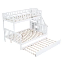 Bunk Bed with Stairs and Trundle, Solid Pine Wood Frame, Converts to Two Single Beds, Ideal for Guest Rooms and Kids' Storage, 213.3x108x159 cm, White(m-12)