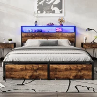 Metal Double Bed with LED Light Strip, 4 Drawers, and 3 USB Ports, Ideal for Home and Bedroom Furniture, 207.5x135x105 cm, Black + Dark Walnut(m-9)
