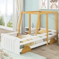 Children's Jeep Bed with MDF Wheels and Pine Frame, Kids SUV Ride On Car Style, 197x95x124 cm, White(m-1)