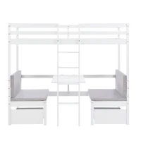 Functional Loft Bunk Bed with Desk and Storage, Twin Bedframe with Drawers and Cushions, Space-Saving Design, 196x101x168 cm, White(m-15)
