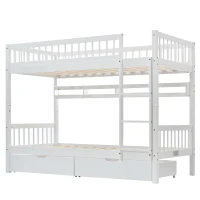 Bunk Bed for Kids, Solid Pine Wood Frame with Under Bed Drawer Storage and Shelves, Ideal for Kids Storage, 198x99.5x152 cm, White(m-15)