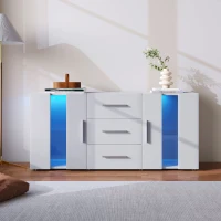 Credenza Moderna con LED Multicolore, 3 Cassetti e 2 Armadietti, Ampio Spazio, per Soggiorno e Cucina, 140x35x70 cm, Bianco(m-4)